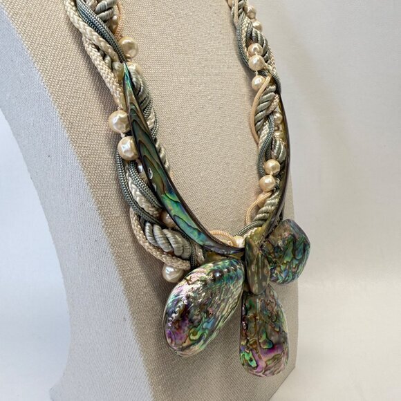 Abalone & Pearl‎ Corded Statement Necklace Natural Coastal Handmade Art to Wear - Picture 11 of 16